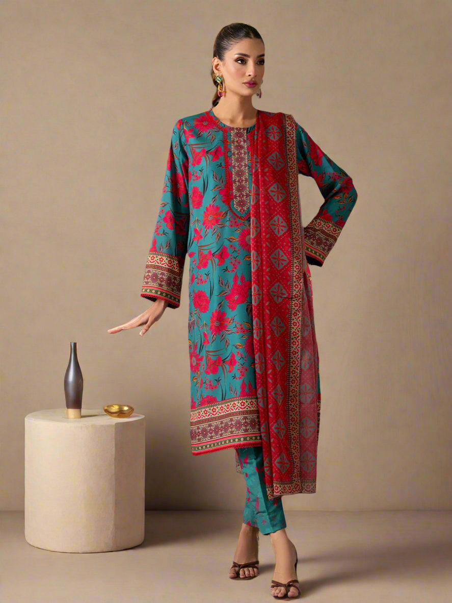 3pc Unstitched - Printed Lawn Silk Suit (ASI030)
