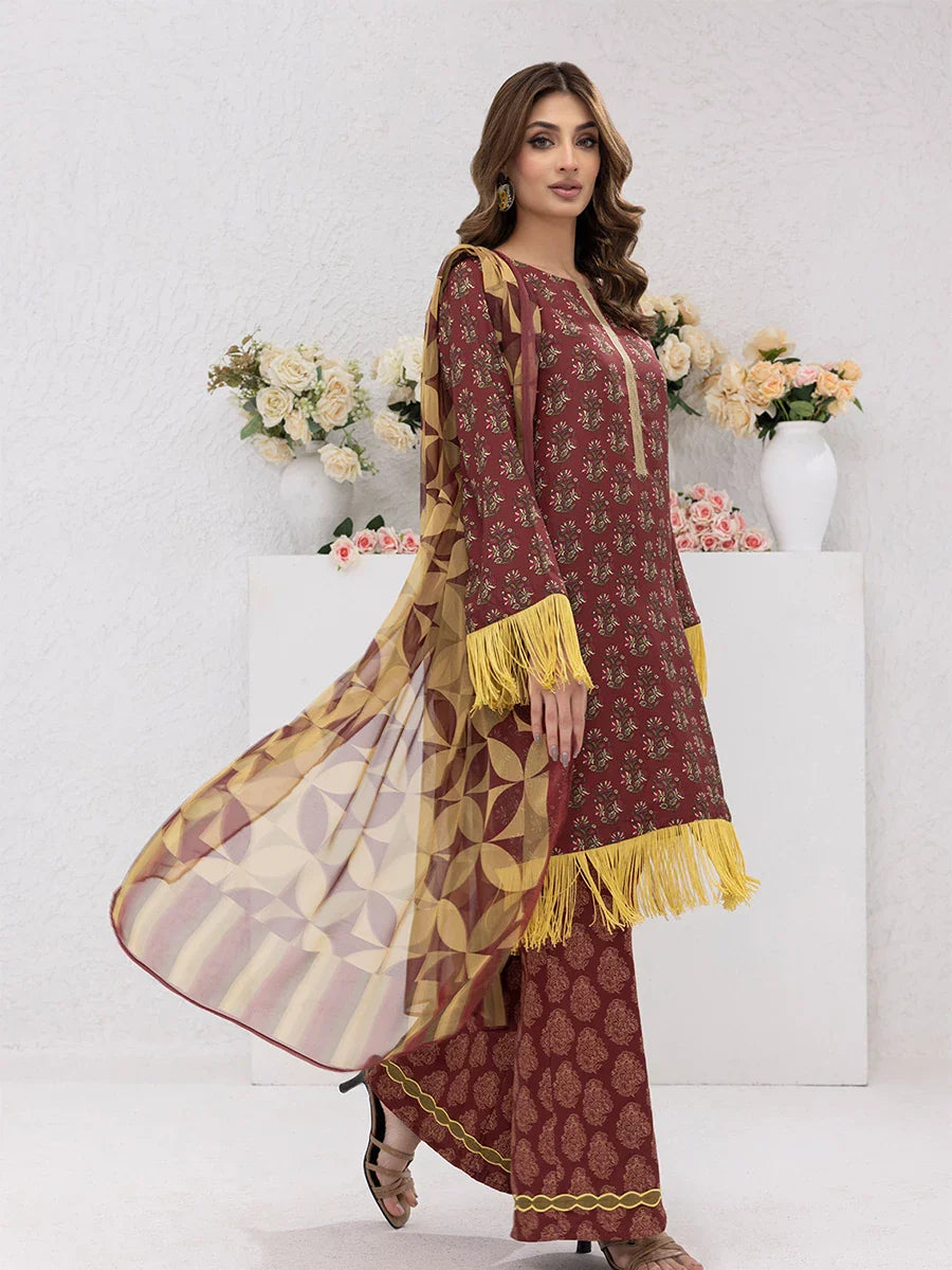 3pc Unstitched - Printed Lawn Silk Suit (ASI074)
