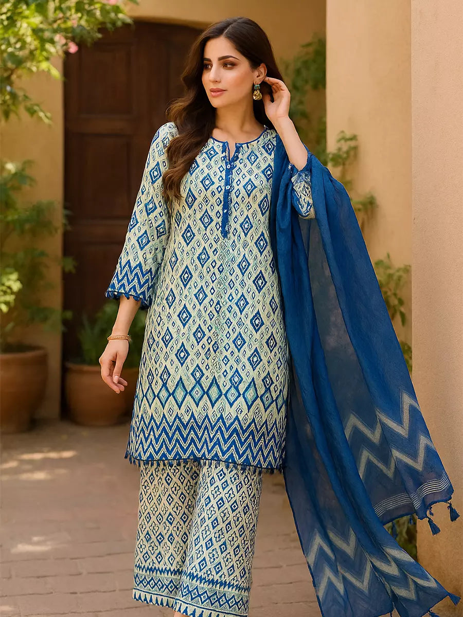 3PC Unstitched Printed Lawn Silk Suit (SUNS7ASI167)