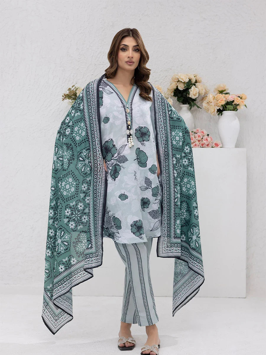 3PC Unstitched Printed Lawn Silk Suit (ASI076)
