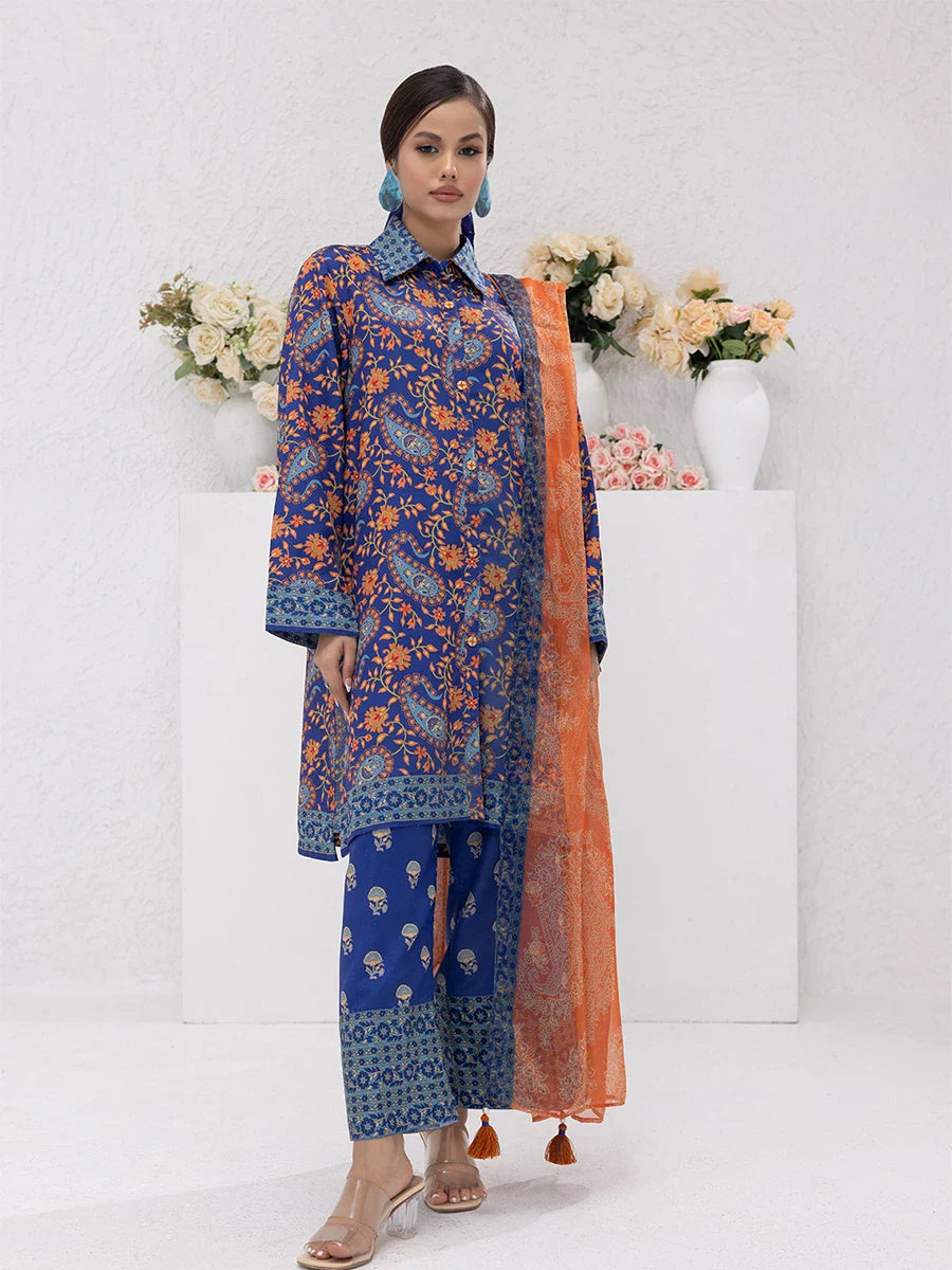 3PC Unstitched Printed Lawn Silk Suit (ASI078)