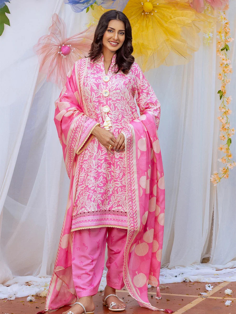 3PC Unstitched Printed Lawn Silk Suit