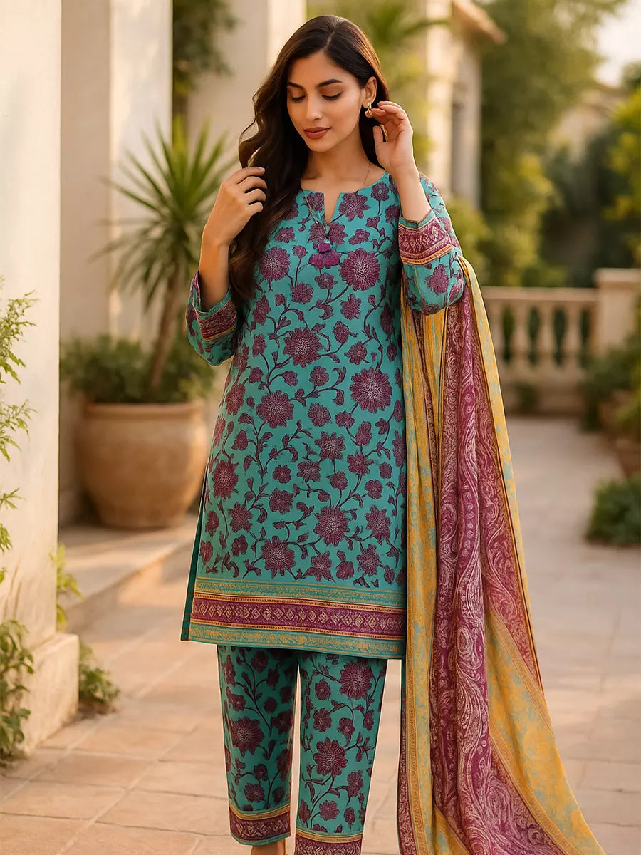 3PC Unstitched Printed Lawn Silk Suit (SUNS7ASI162)