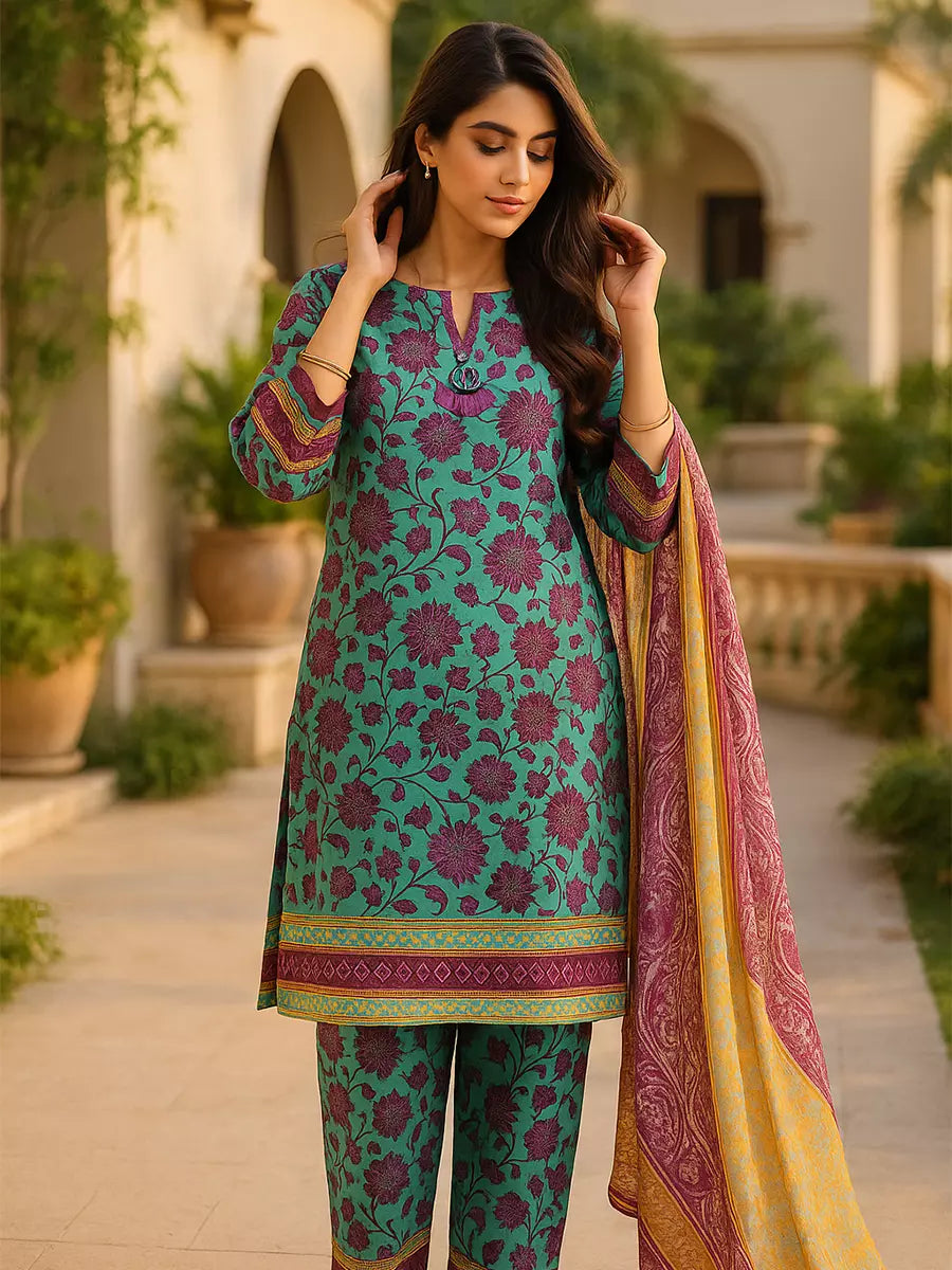 3PC Unstitched Printed Lawn Silk Suit (SUNS7ASI162)