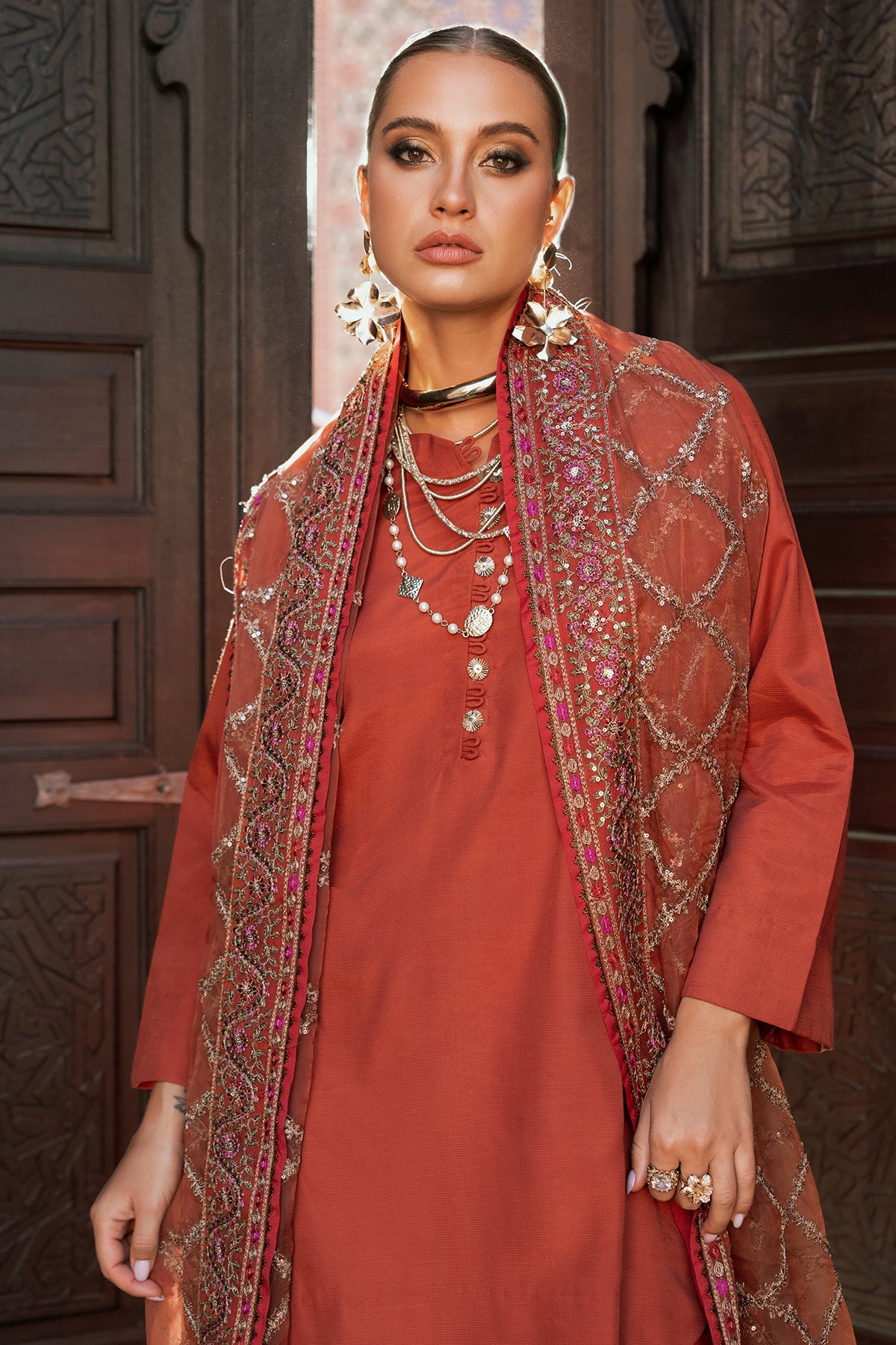 3-PC EMBROIDERED RAW-SILK SUIT CMA-5-140
