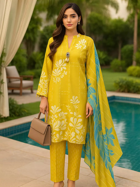 3PC Unstitched Printed Lawn Silk Suit (SUNS7ASI160)