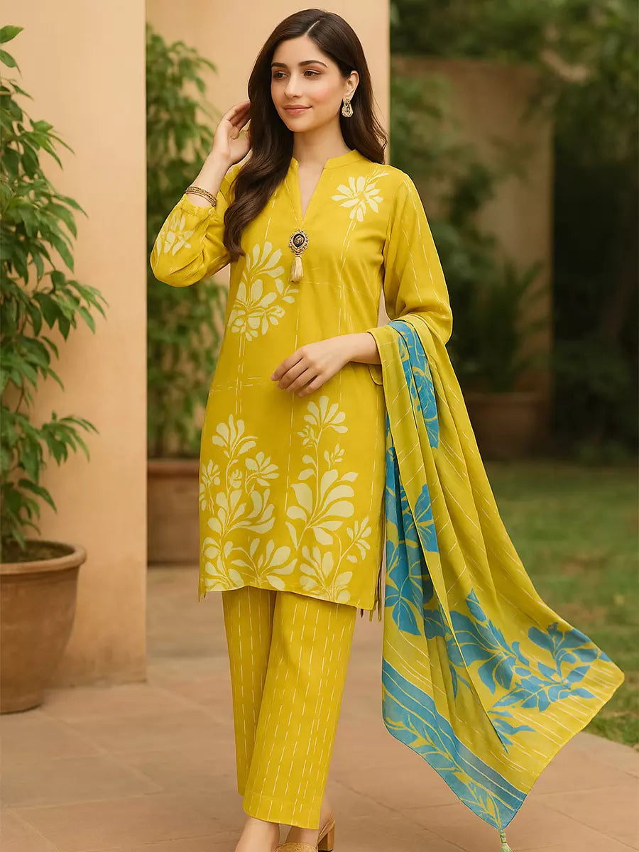 3PC Unstitched Printed Lawn Silk Suit (SUNS7ASI160)