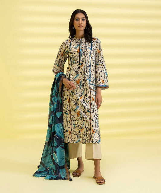 PRINTED LAWN SUIT - Off White & Cobalt Blue