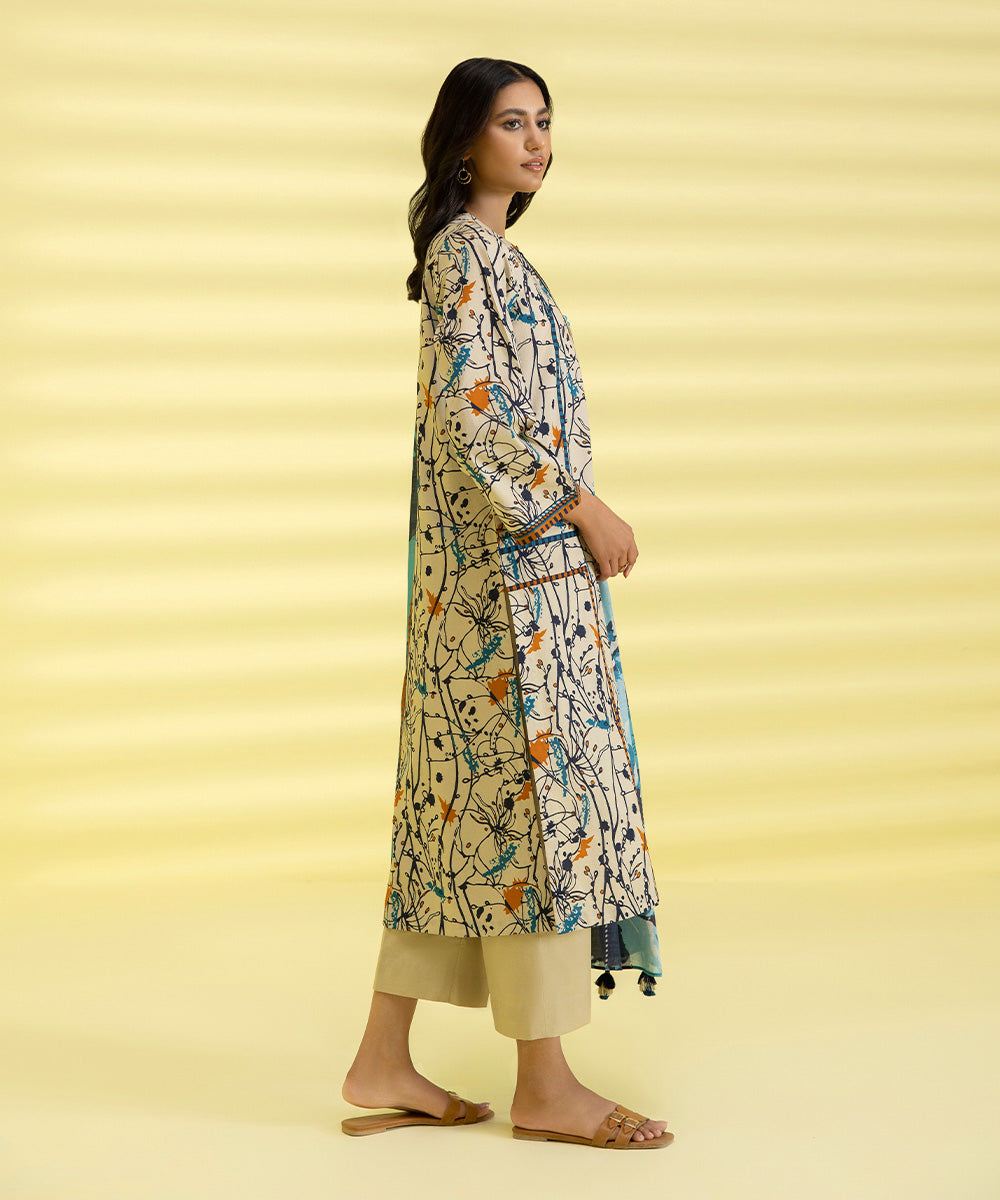 PRINTED LAWN SUIT - Off White & Cobalt Blue