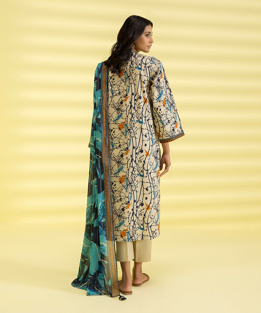 PRINTED LAWN SUIT - Off White & Cobalt Blue