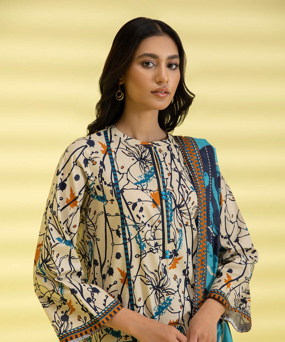 PRINTED LAWN SUIT - Off White & Cobalt Blue