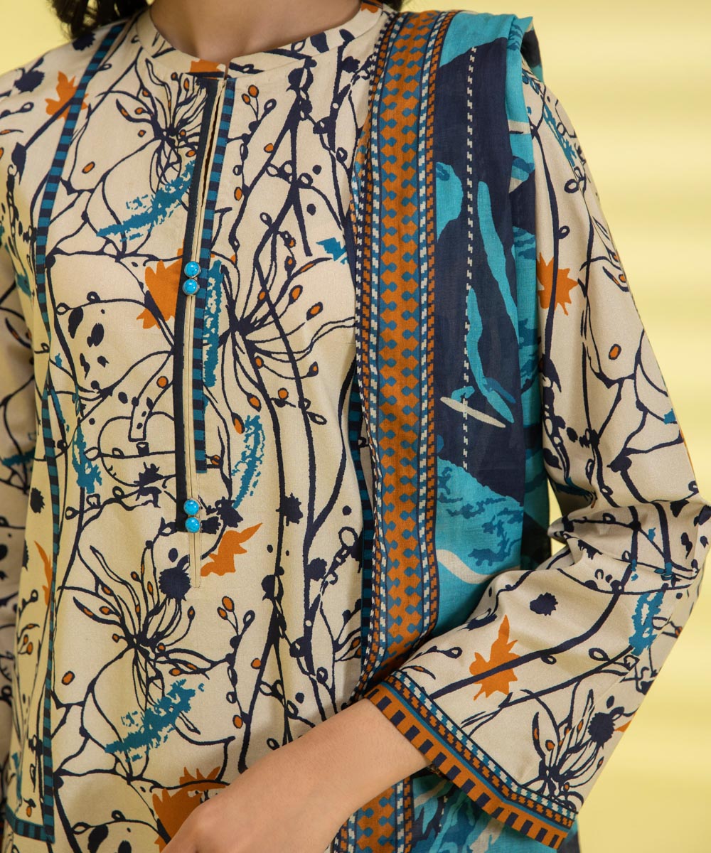 PRINTED LAWN SUIT - Off White & Cobalt Blue