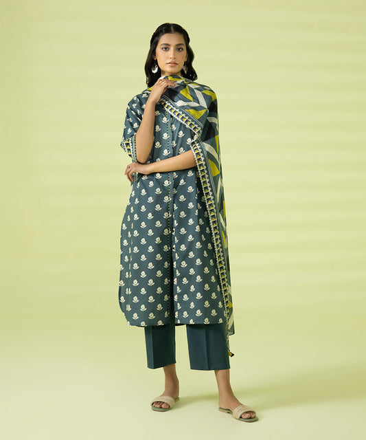 PRINTED LAWN SUIT - Grey & Mustard