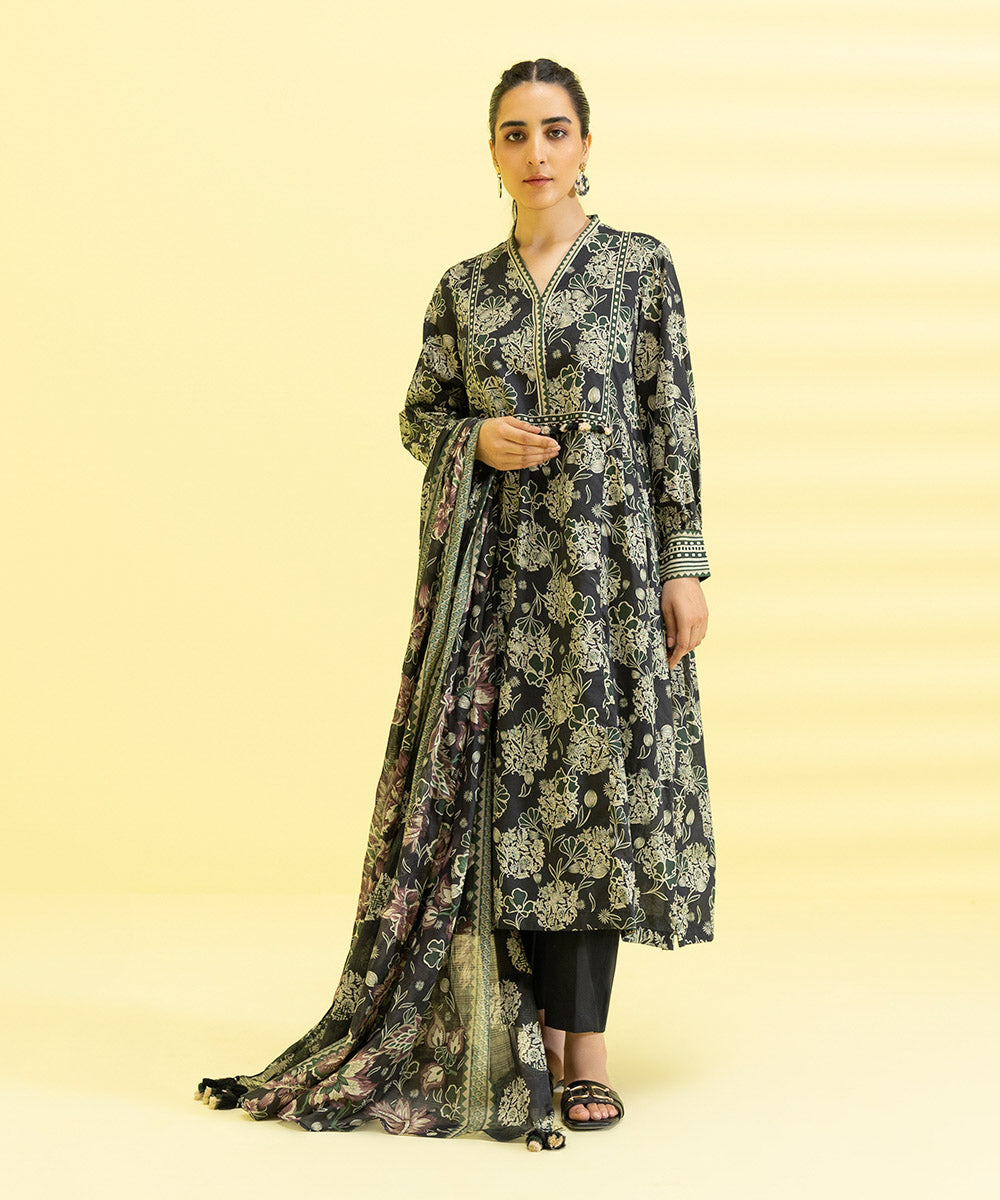 PRINTED LAWN SUIT - Black