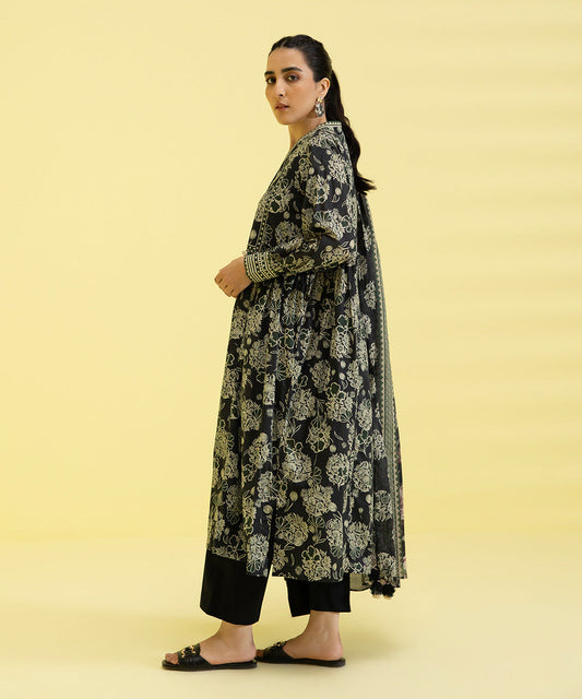 PRINTED LAWN SUIT - Black