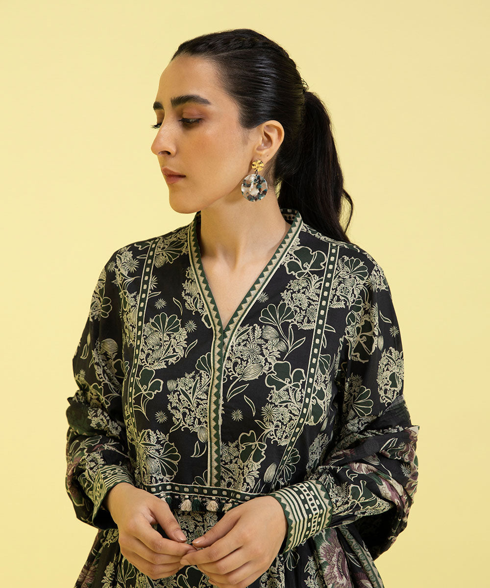 PRINTED LAWN SUIT - Black