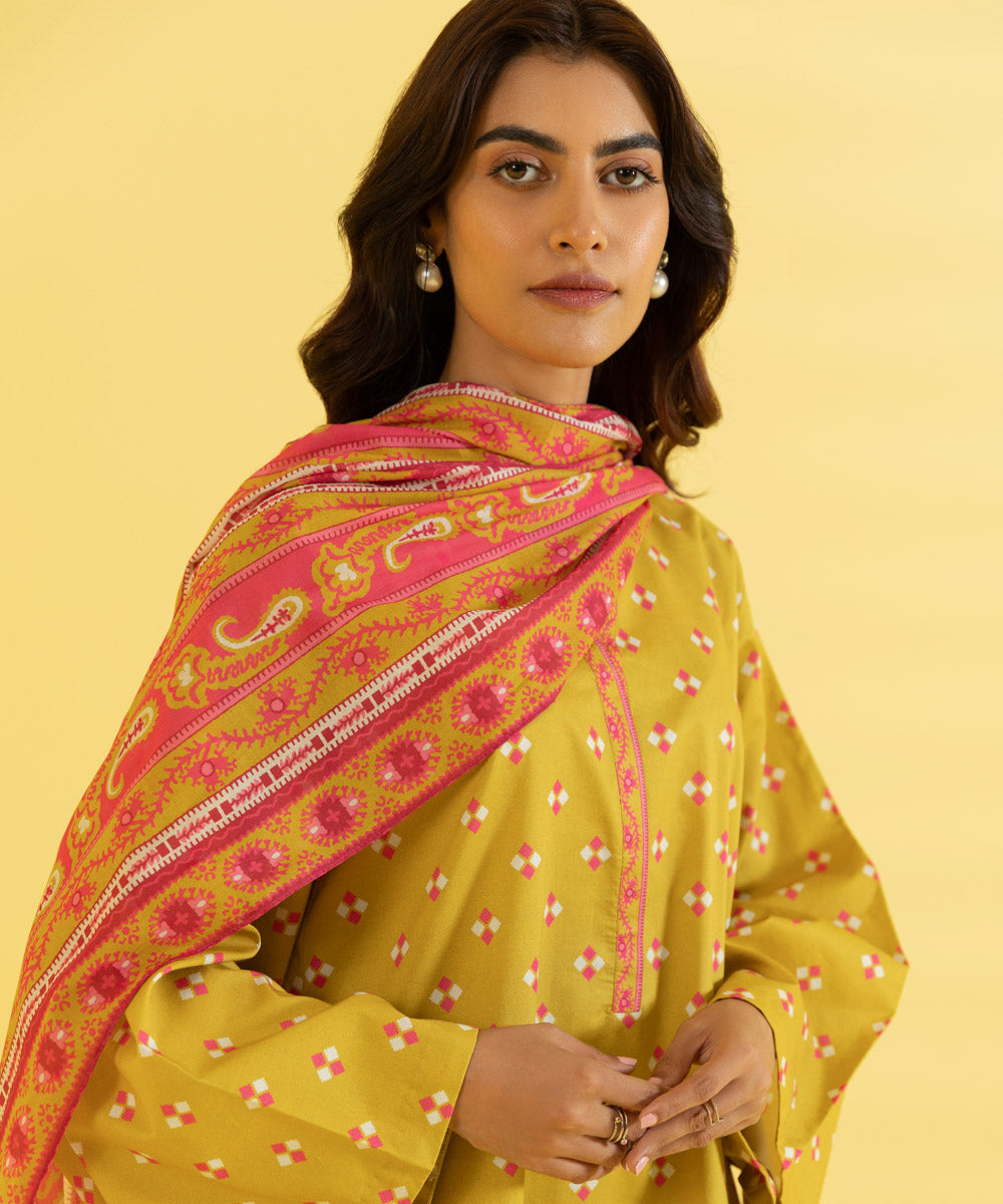PRINTED LAWN SUIT - Mustard & Pink