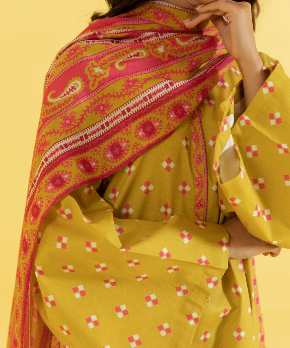 PRINTED LAWN SUIT - Mustard & Pink