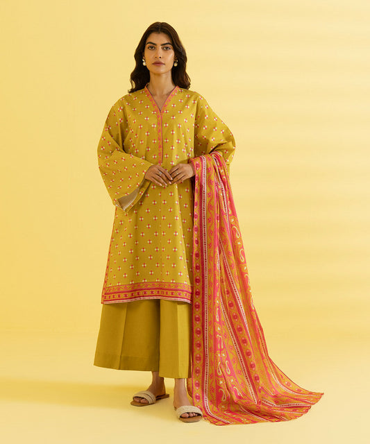 PRINTED LAWN SUIT - Mustard & Pink