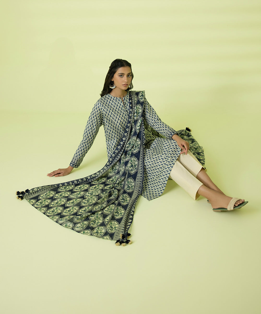 PRINTED LAWN SUIT - Off White and Blue