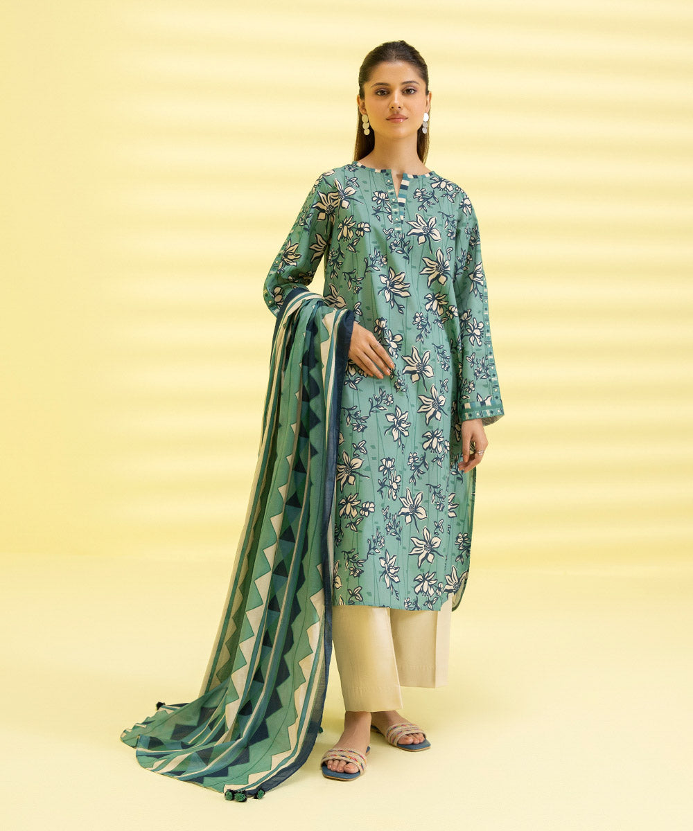 PRINTED LAWN SUIT - Laurel and Teal Blue