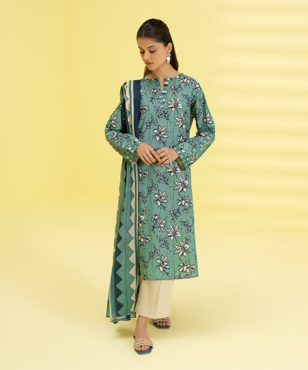 PRINTED LAWN SUIT - Laurel and Teal Blue