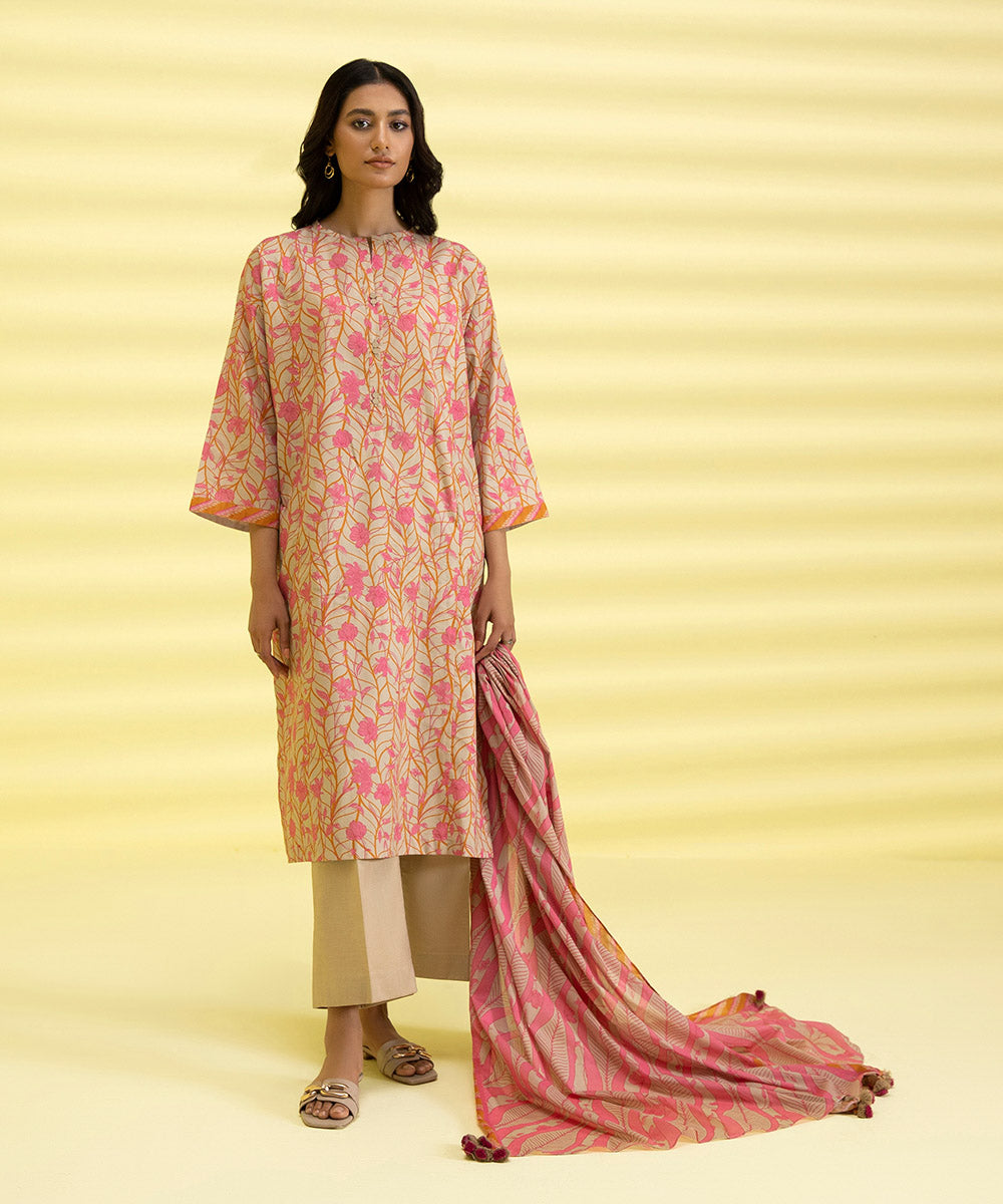 PRINTED LAWN SUIT - Beige and Pink