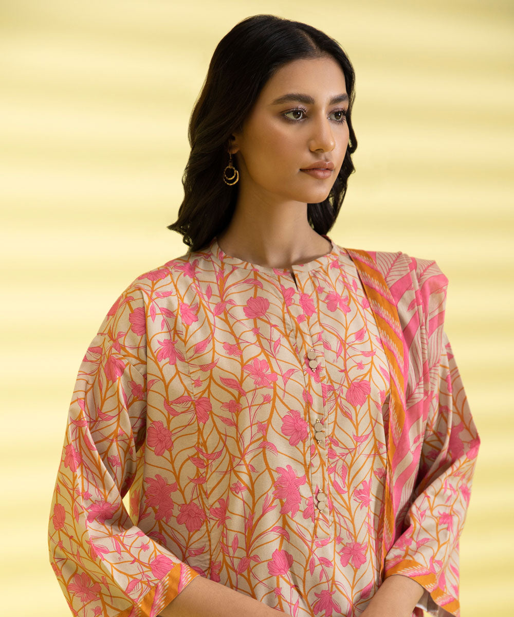 PRINTED LAWN SUIT - Beige and Pink