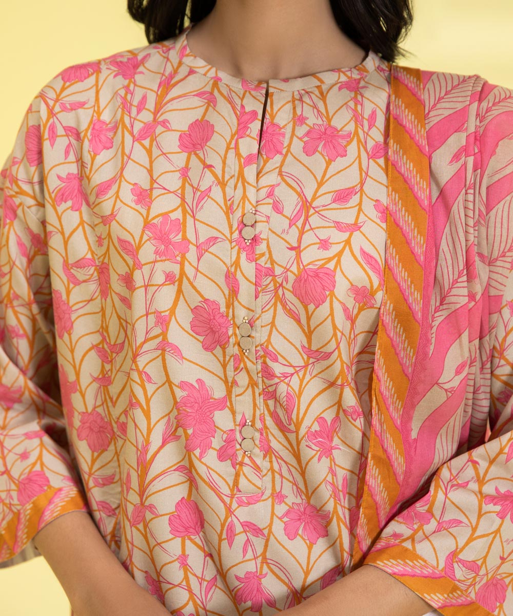 PRINTED LAWN SUIT - Beige and Pink
