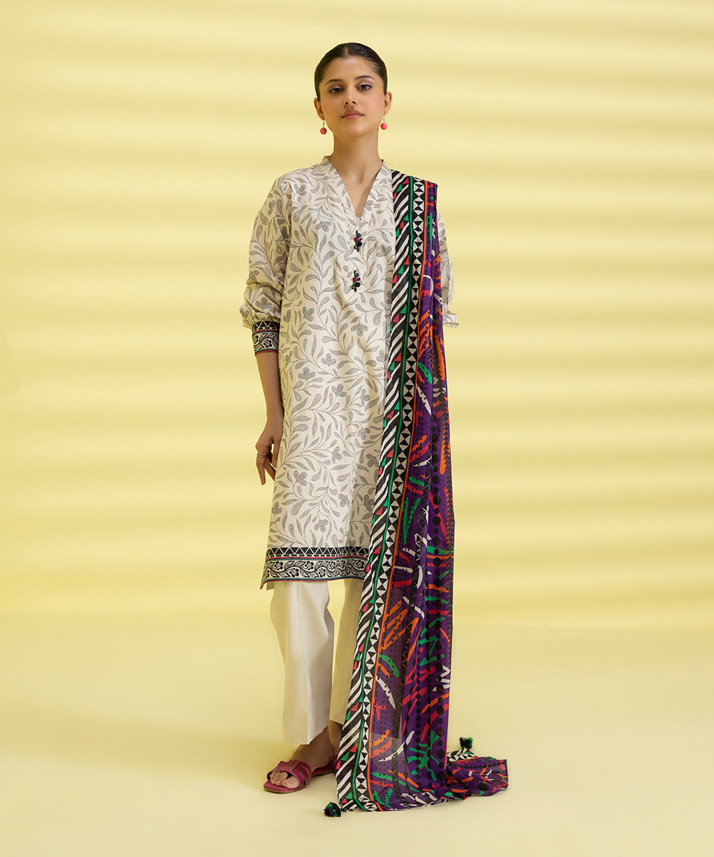 PRINTED LAWN SUIT - Off White & Purple