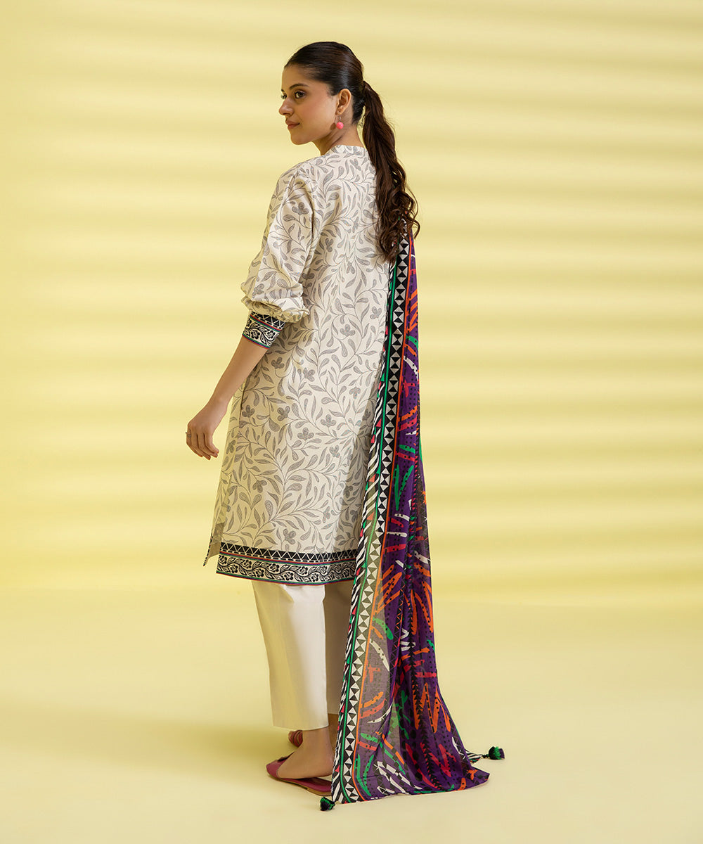 PRINTED LAWN SUIT - Off White & Purple