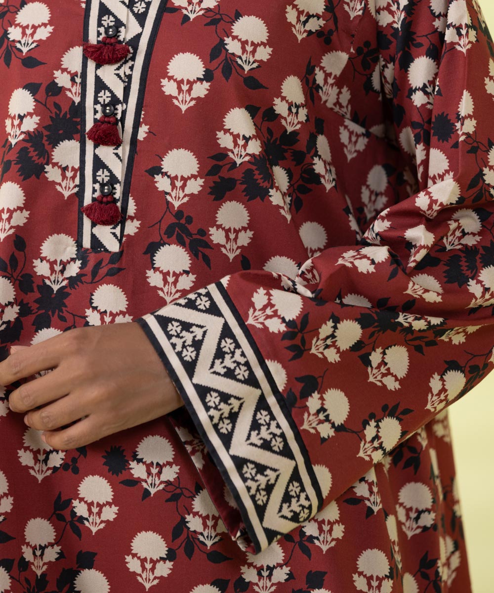 PRINTED LAWN SUIT - Wine Red