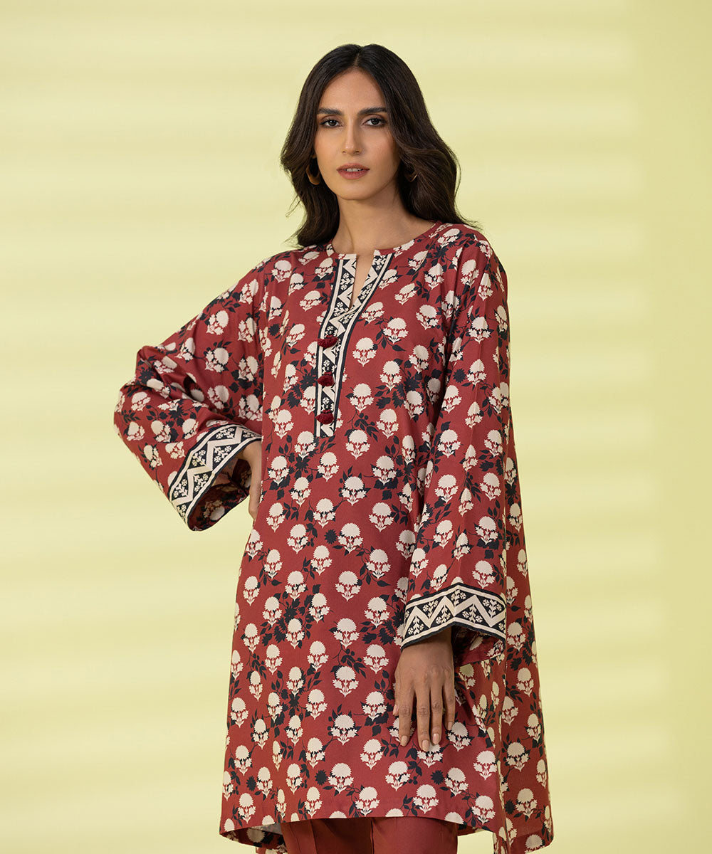 PRINTED LAWN SUIT - Wine Red