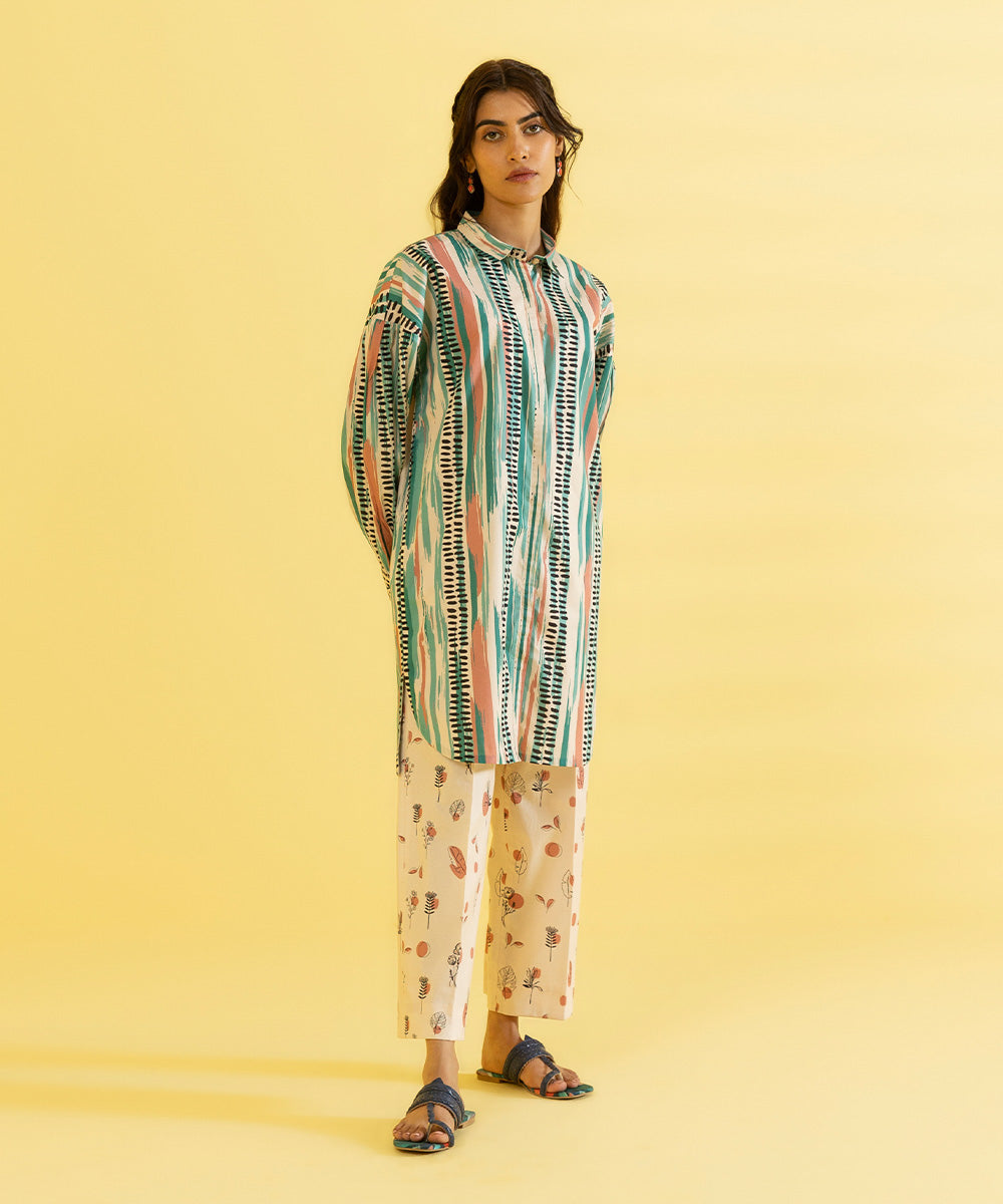 PRINTED LAWN SUIT - Ivory and aqua