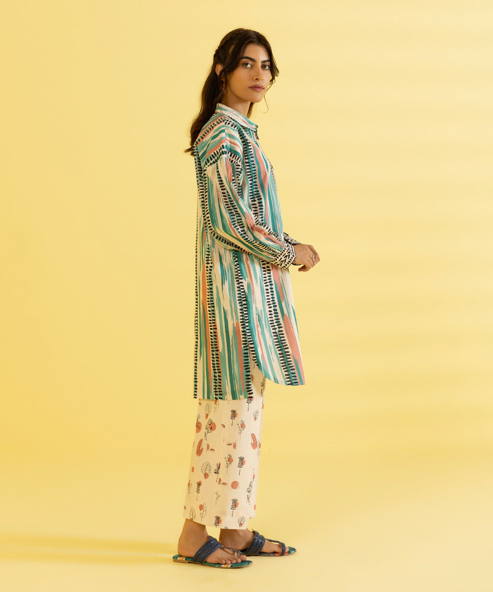 PRINTED LAWN SUIT - Ivory and aqua