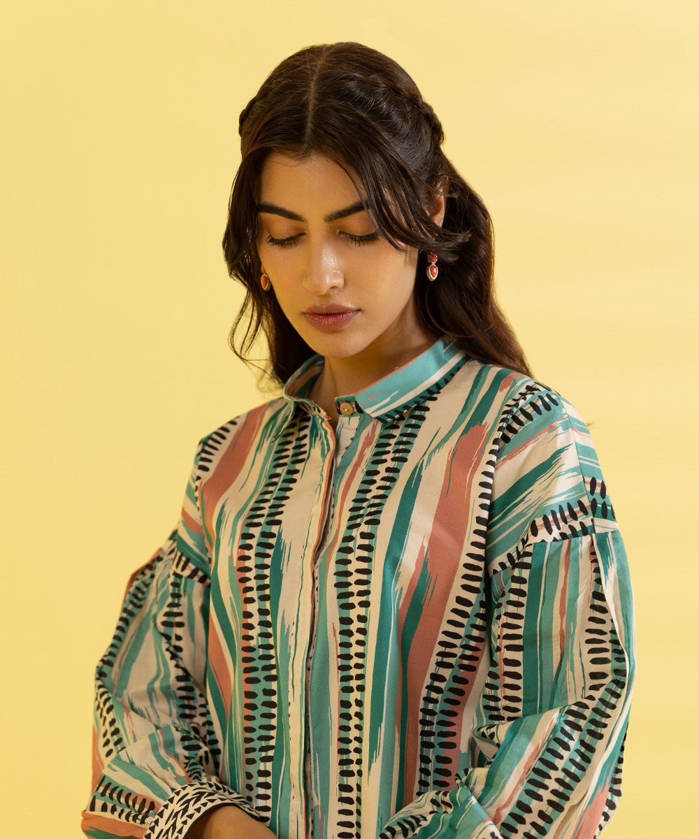 PRINTED LAWN SUIT - Ivory and aqua