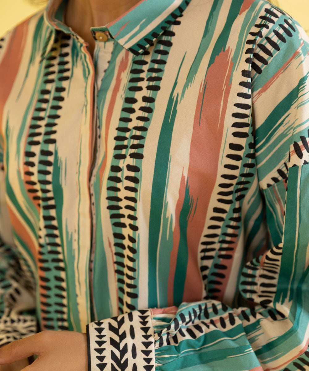 PRINTED LAWN SUIT - Ivory and aqua