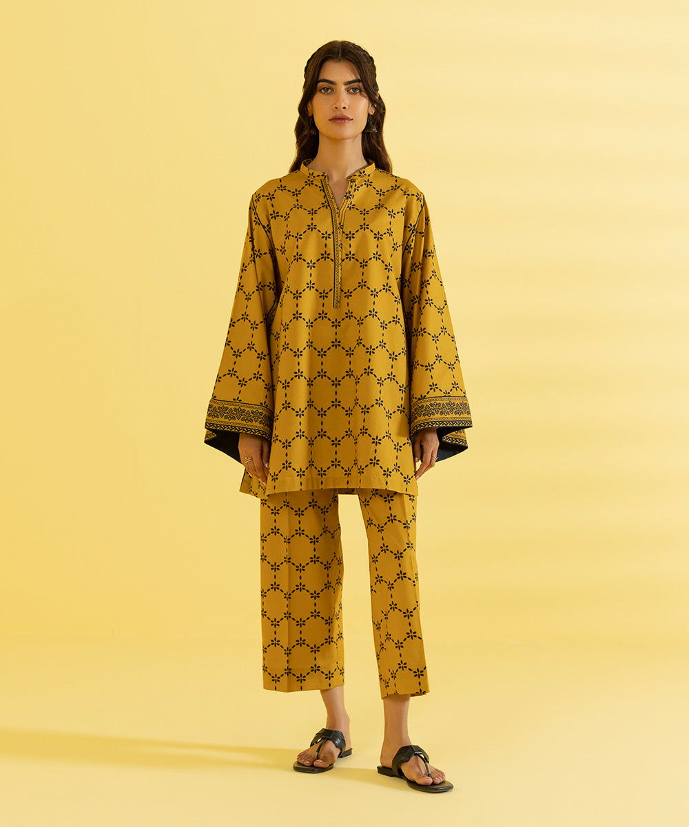 PRINTED LAWN SUIT - Mustard