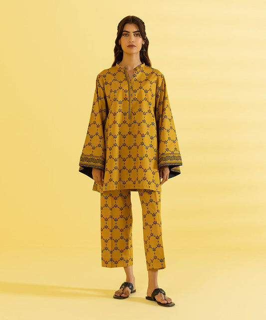 PRINTED LAWN SUIT - Mustard