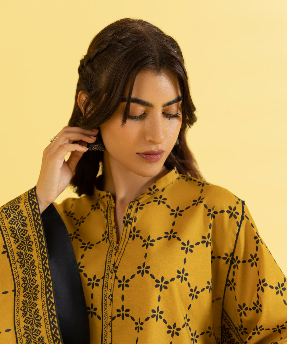 PRINTED LAWN SUIT - Mustard