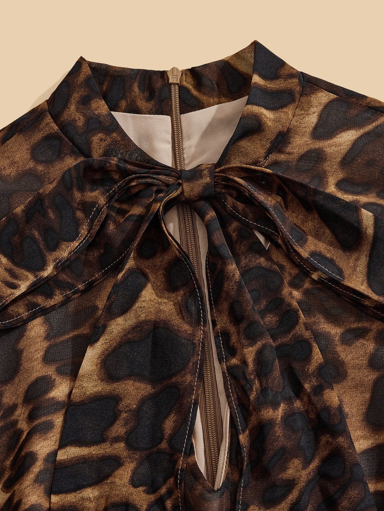 Leopard Print V-Neck Long Sleeve Cinched Waist Bow Dress