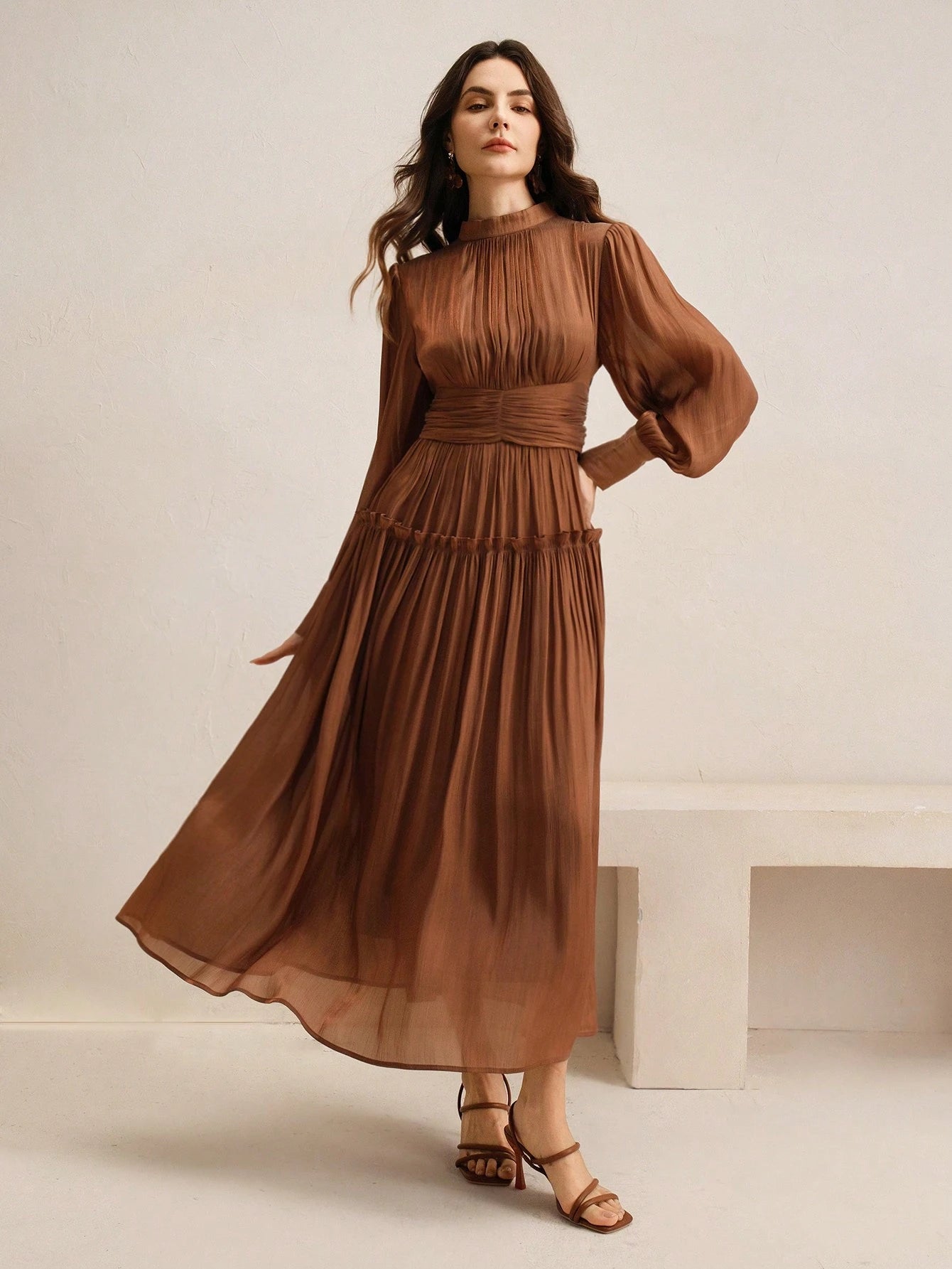 Sparkly Fabric Puffy Sleeve Waist Patchwork High Waist Dress