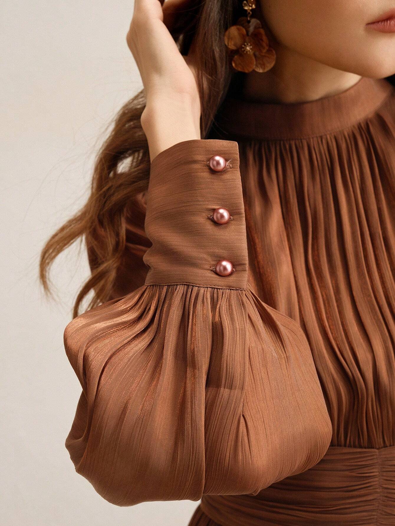 Sparkly Fabric Puffy Sleeve Waist Patchwork High Waist Dress