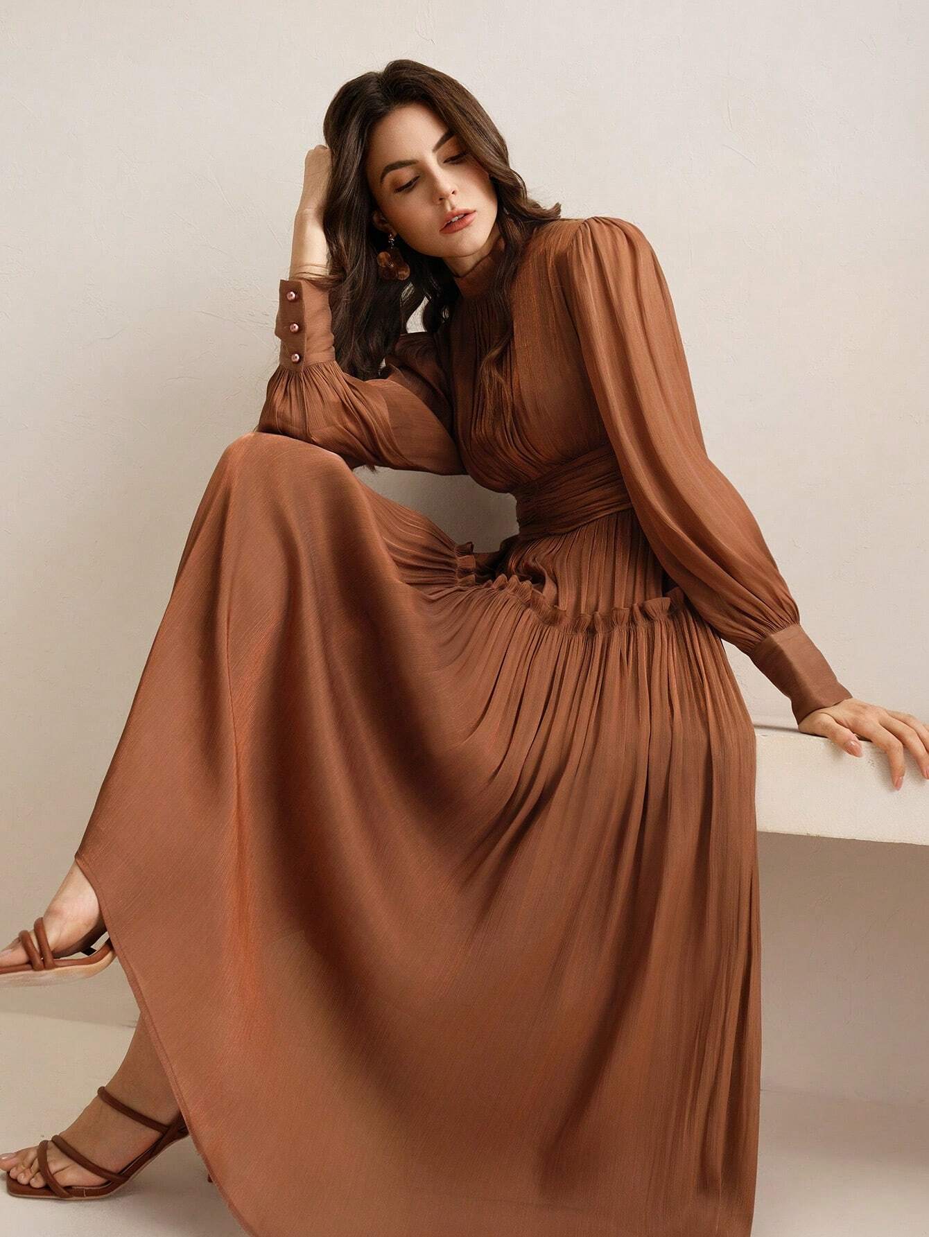 Sparkly Fabric Puffy Sleeve Waist Patchwork High Waist Dress