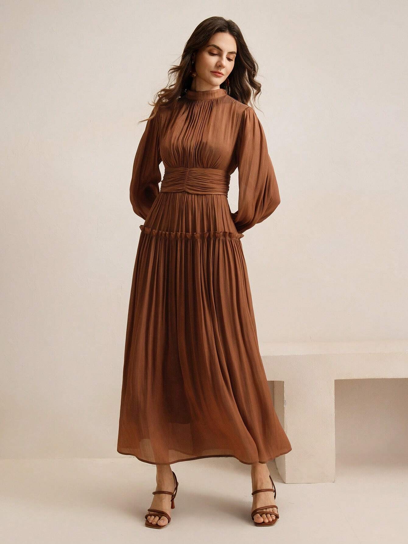 Sparkly Fabric Puffy Sleeve Waist Patchwork High Waist Dress