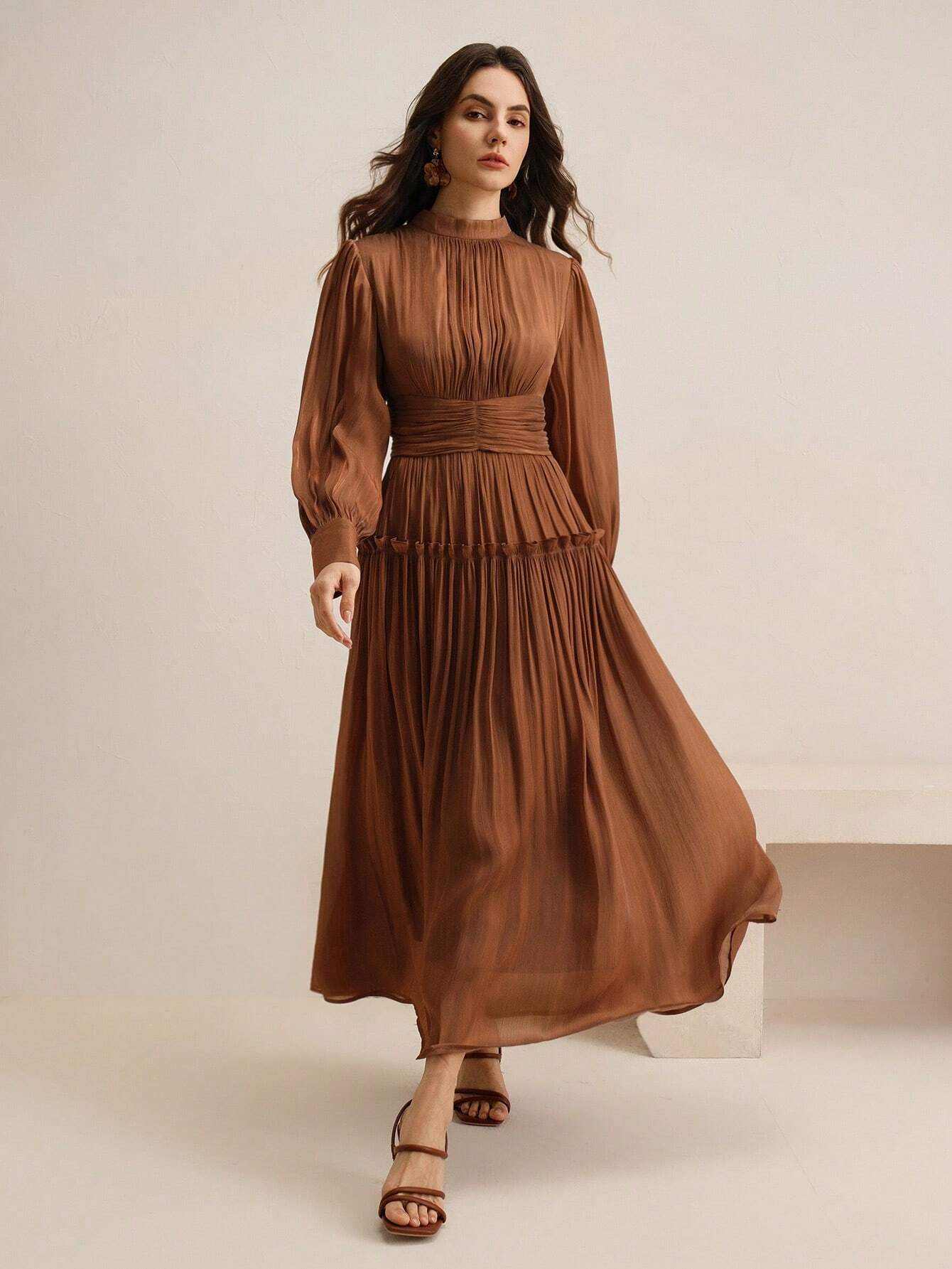 Sparkly Fabric Puffy Sleeve Waist Patchwork High Waist Dress