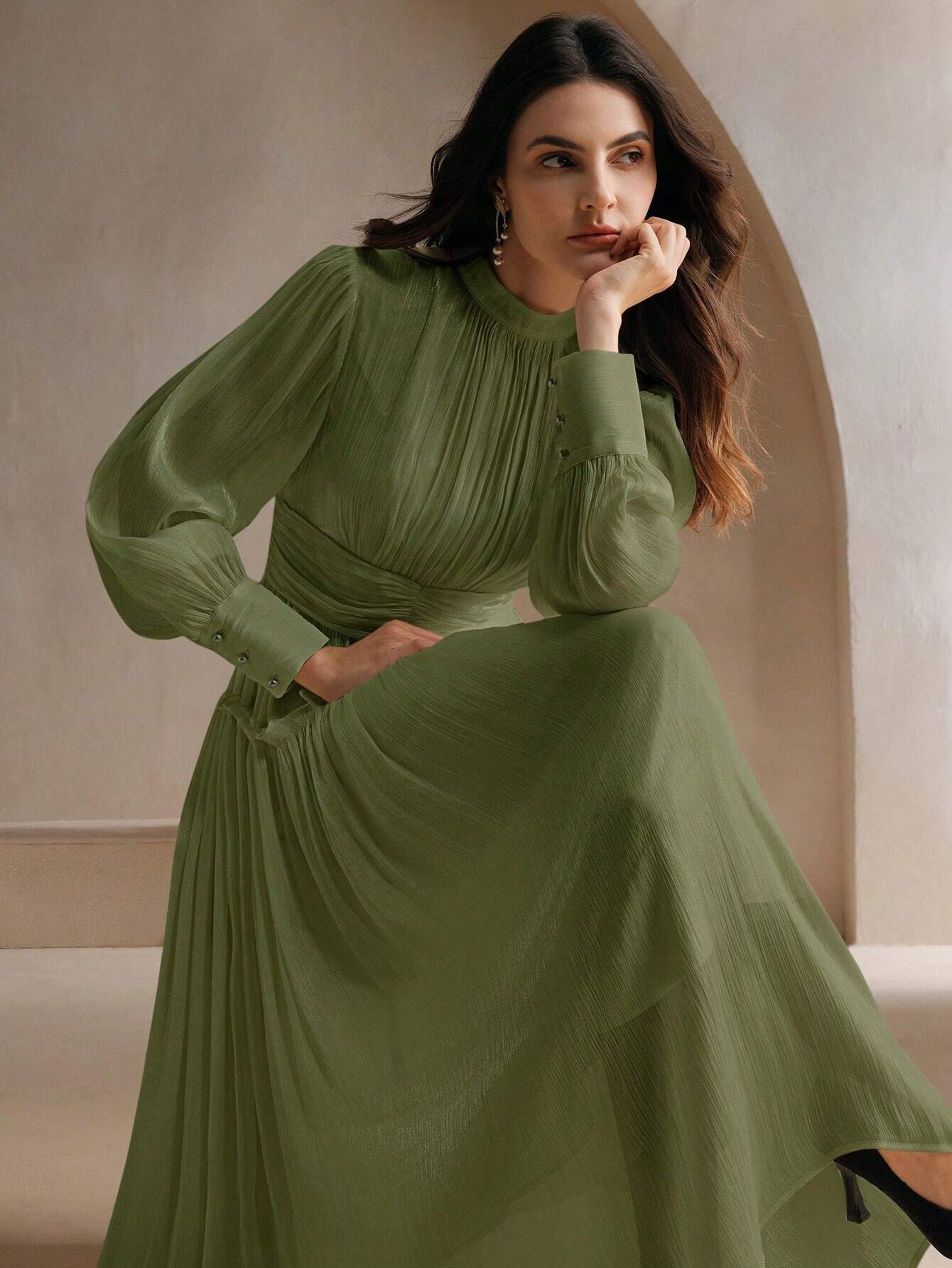 Sparkly Fabric Puffy Sleeve Waist Patchwork High Waist Dress