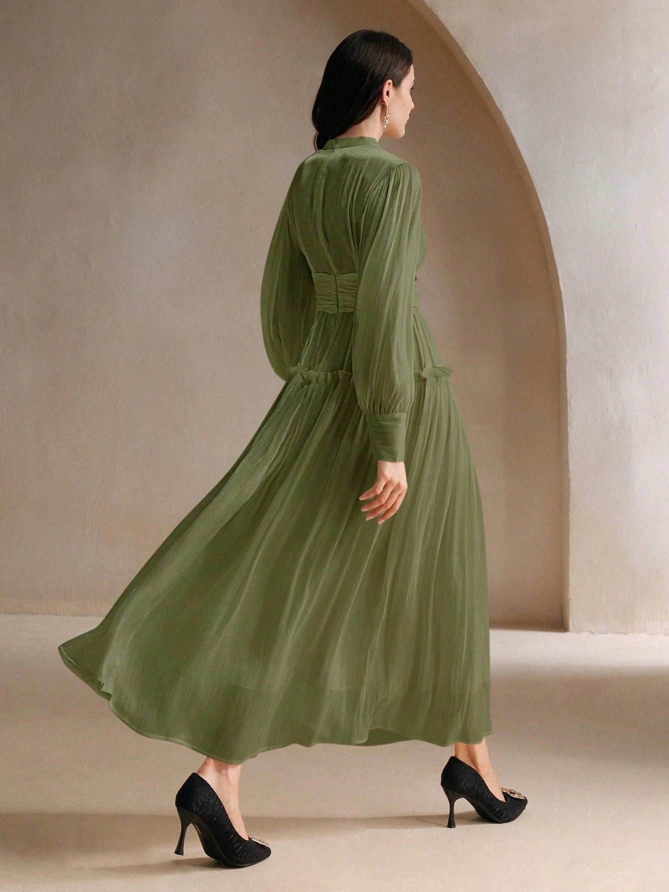 Sparkly Fabric Puffy Sleeve Waist Patchwork High Waist Dress