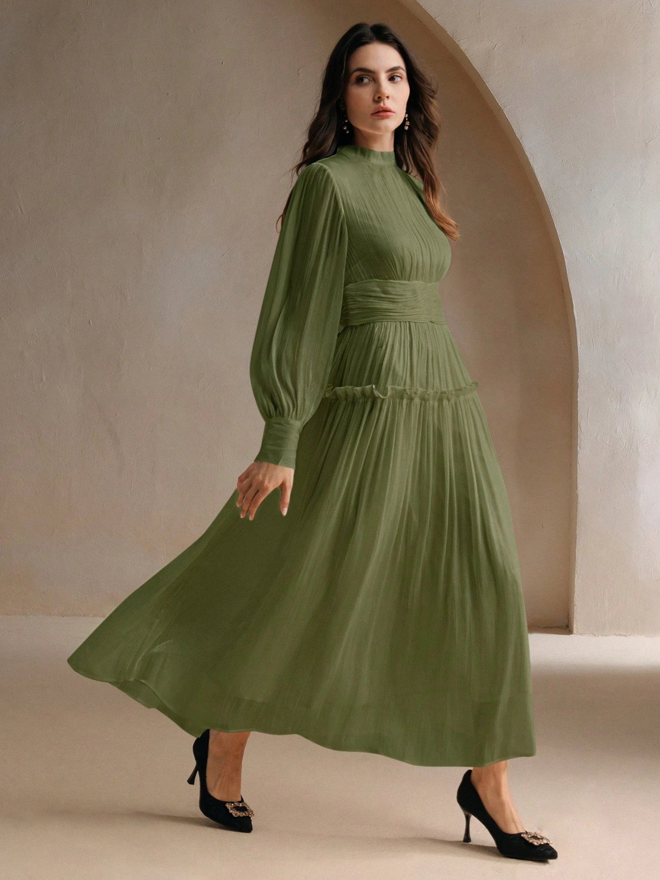 Sparkly Fabric Puffy Sleeve Waist Patchwork High Waist Dress