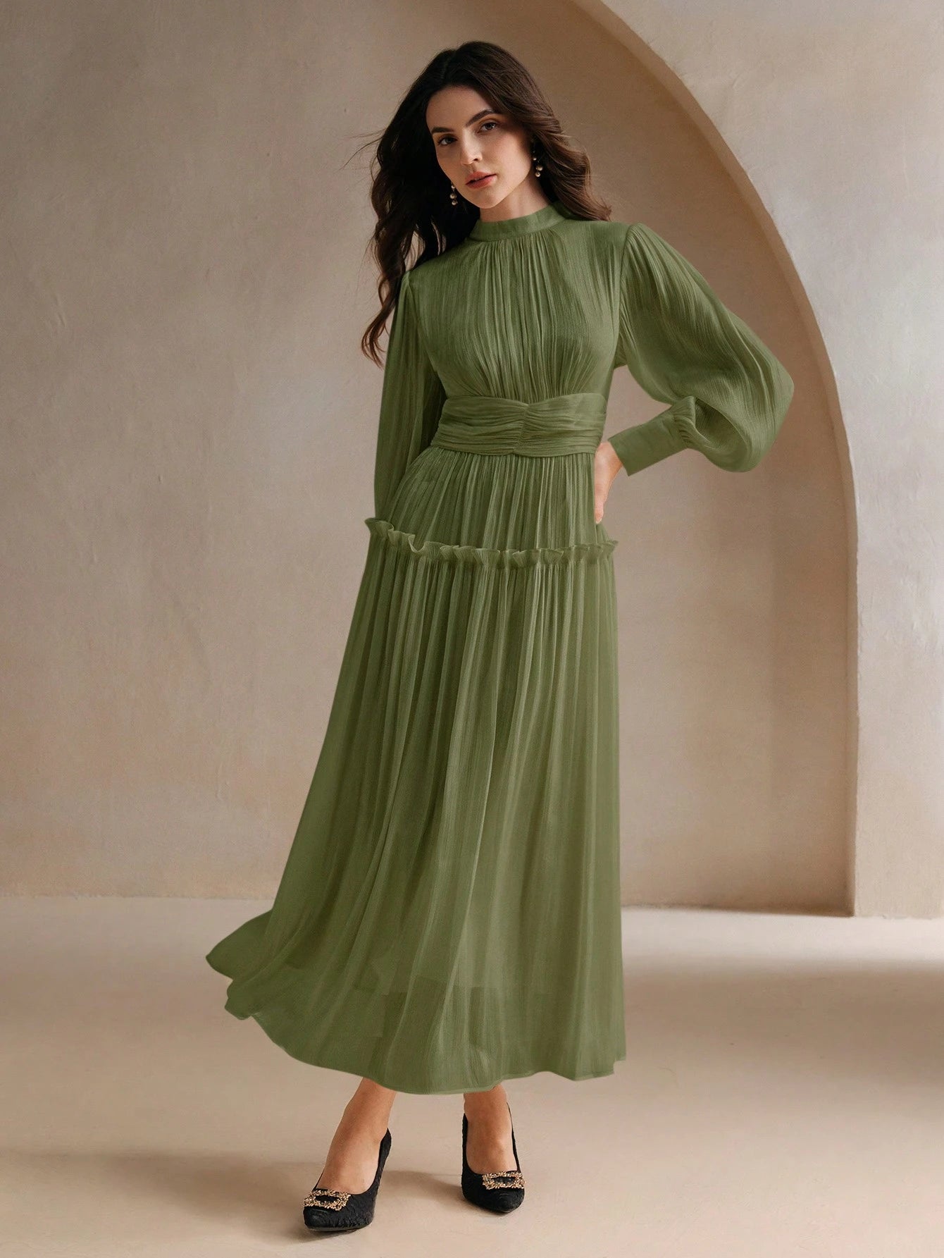 Sparkly Fabric Puffy Sleeve Waist Patchwork High Waist Dress